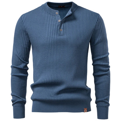 Men's Ribbed Stripe Polo Shirt - Long Sleeve Button Placket Premium Business Casual Top