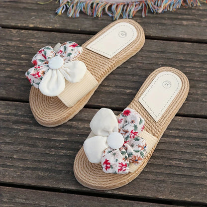 Women’s Flower Decor Flat Flip Flops – Casual Open Toe Comfort Slides, Summer Beach Slippers Shoes