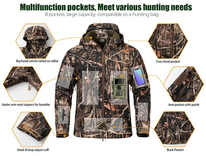 Men’s Silent Soft Shell Tactical Jacket | Waterproof, Warm Fleece Camouflage Hunting & Outdoor Hooded Coat