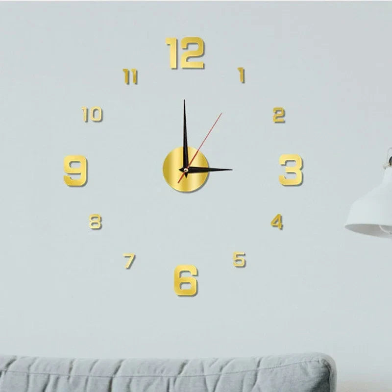 Large 3D DIY Silent Wall Clock — Simple Modern Punch-Free Wall Sticker in Black, Gold, or Silver