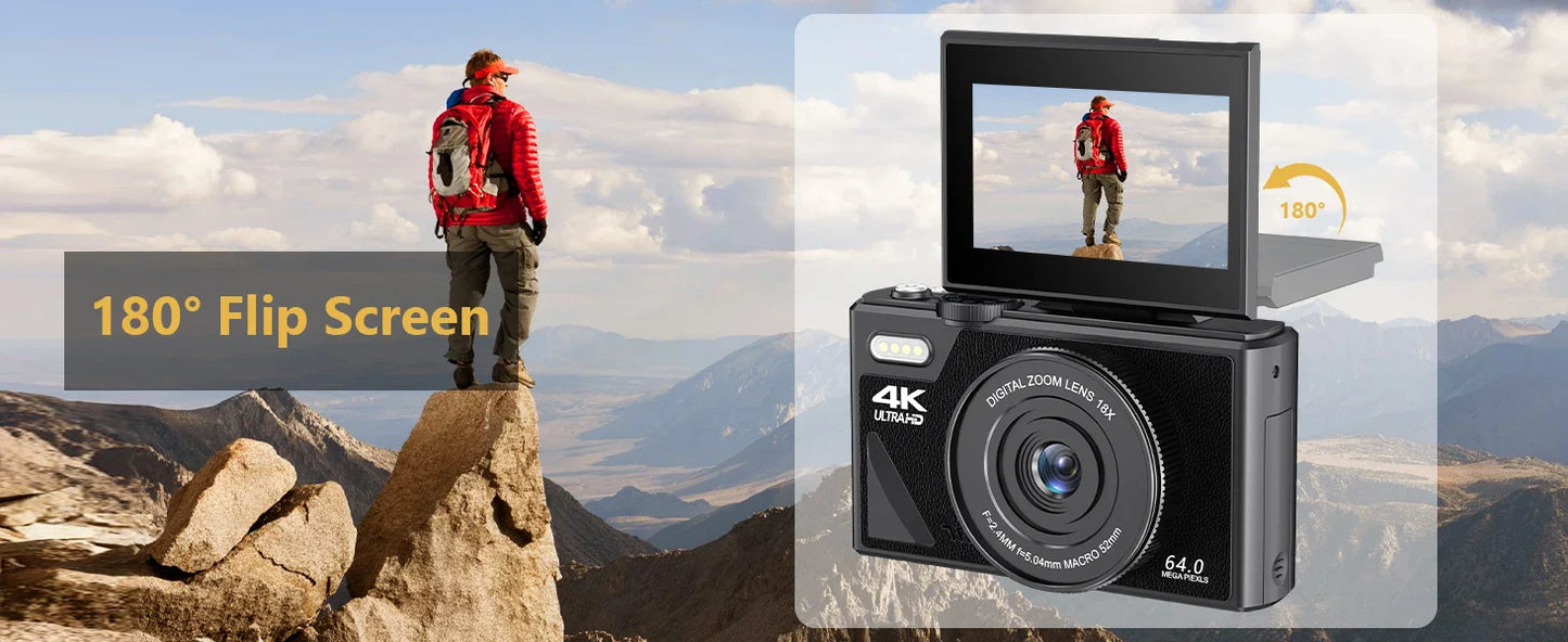 4K Camera for Photography – 18X Digital Zoom, 64MP Vlogging Camcorder, 3'' Flip Screen, WIFI Selfie Webcam for YouTube