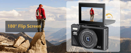 4K Camera for Photography – 18X Digital Zoom, 64MP Vlogging Camcorder, 3'' Flip Screen, WIFI Selfie Webcam for YouTube