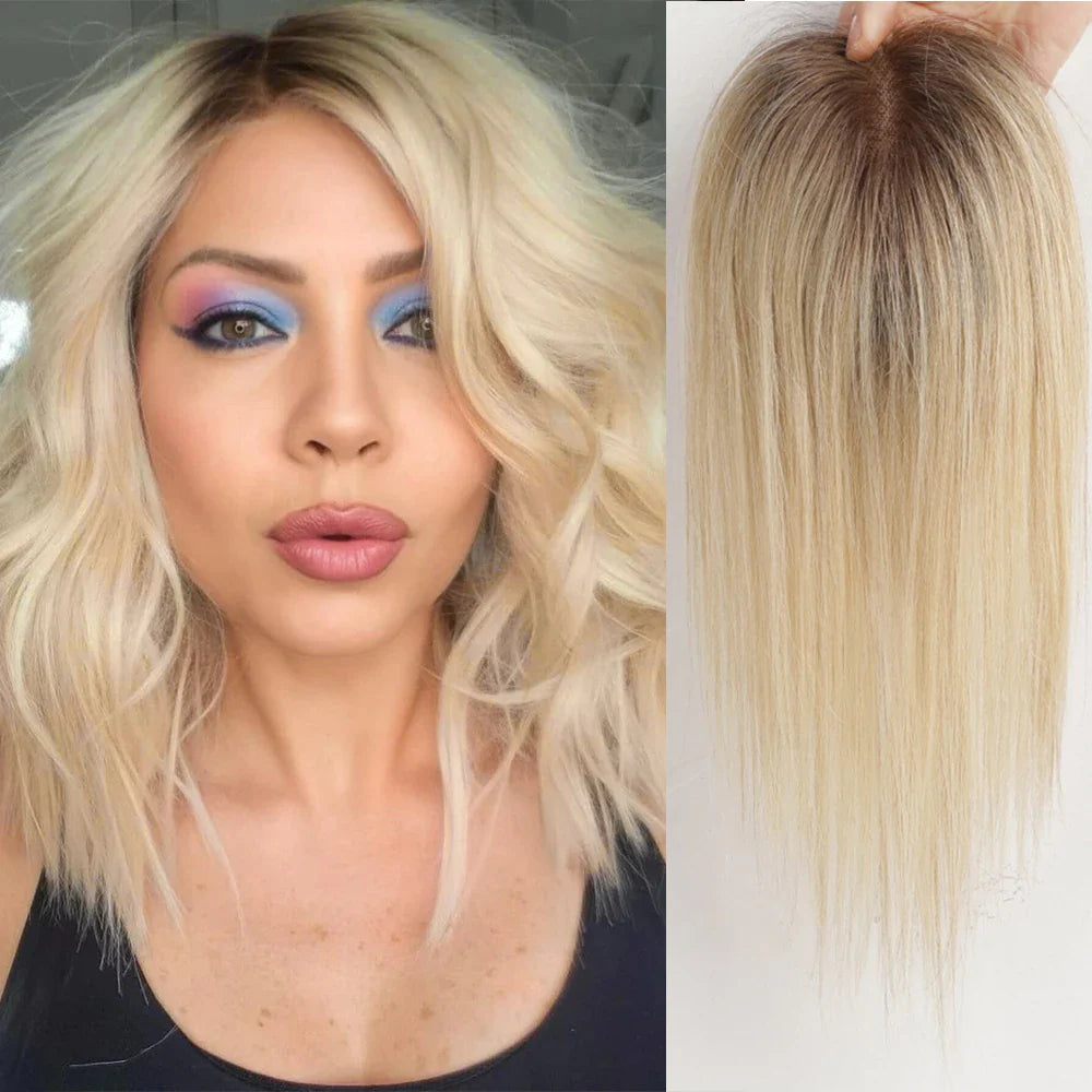 Ash Gray Brown 100% Remy Human Hair Toppers – Clips-In Lace Base Topper Hairpieces for Women, 12-inch Straight Hair Extensions