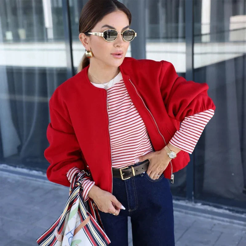 TRAF Women’s Red Zipper Bomber Jacket – Soft Cropped Sports Jacket, Long Sleeve 2024 Outerwear