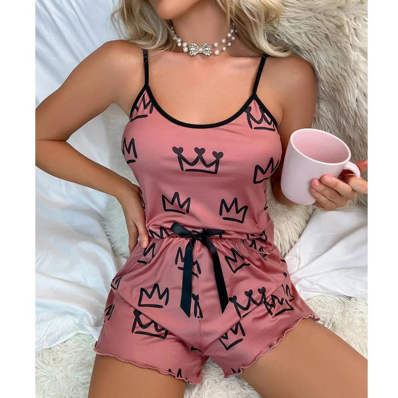 Women’s Summer Pajama Set – Pink Heart Print Ice Silk T-Shirt & Shorts, Comfortable Casual Round Neck Sleepwear