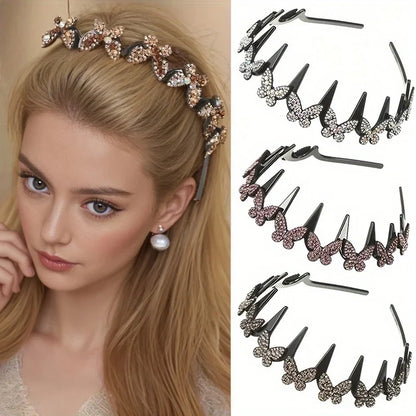 Rhinestone Butterfly Wavy Headband - Stylish Flyaway Hair Holder for Women & Teens
