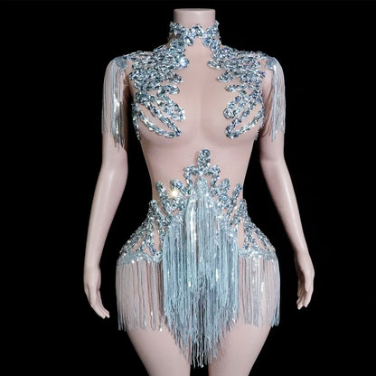 Sexy Shiny Silver Sequin & Black Spandex Jumpsuit — 2025 Women’s Prom, Dancer & Stage Performance Costume