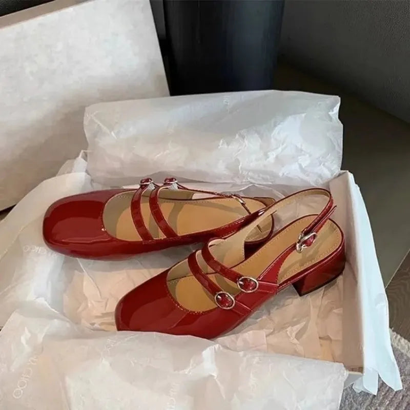 2025 Women’s Burgundy Mary Jane Shoes – Square-Toe Patent Leather Chunky Heel with Double Buckle