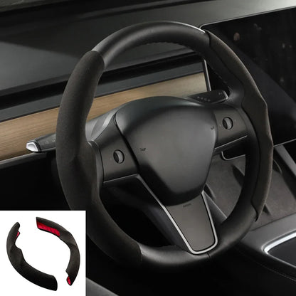 Tesla Steering Wheel Cover for Model 3/Y – Ultra-Thin Suede & Carbon Fiber, Sweat-Absorbing Car Accessory