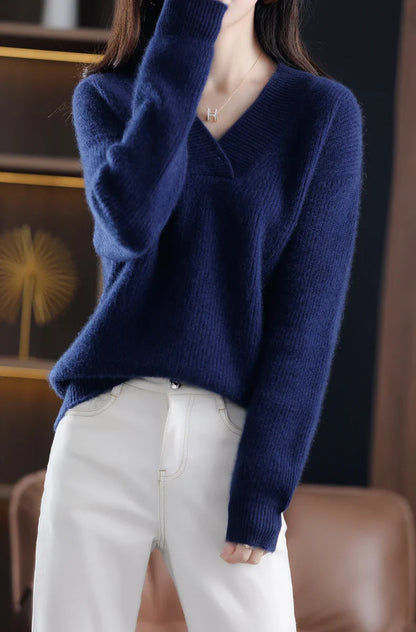 Women’s Knitted V-Neck Sweater – Long Sleeve Solid Pullover Knit Top