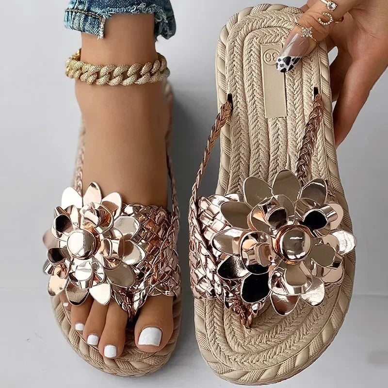 Women's Braided Floral Flip Flops - Flat Open-Toe Vacation Sandals