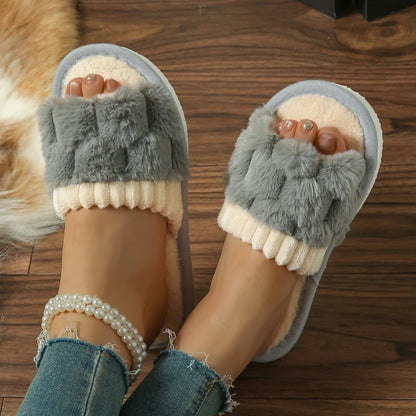 Plush Bow Slippers - Warm Fluffy Indoor Home Slides for Women & Men