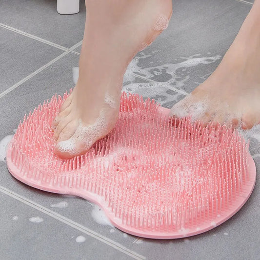 Silicone Back Brush with Non-Slip Shower Mat - Bath Massage Foot Exfoliating Brush Pad with Suction Cups