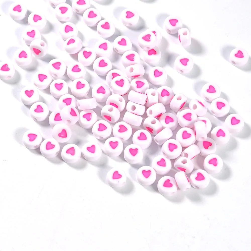 100Pcs 7mm Acrylic Flat Round Beads – Colorful Heart Pattern Spacer Beads for DIY Bracelet & Earring Jewelry Making Supplies