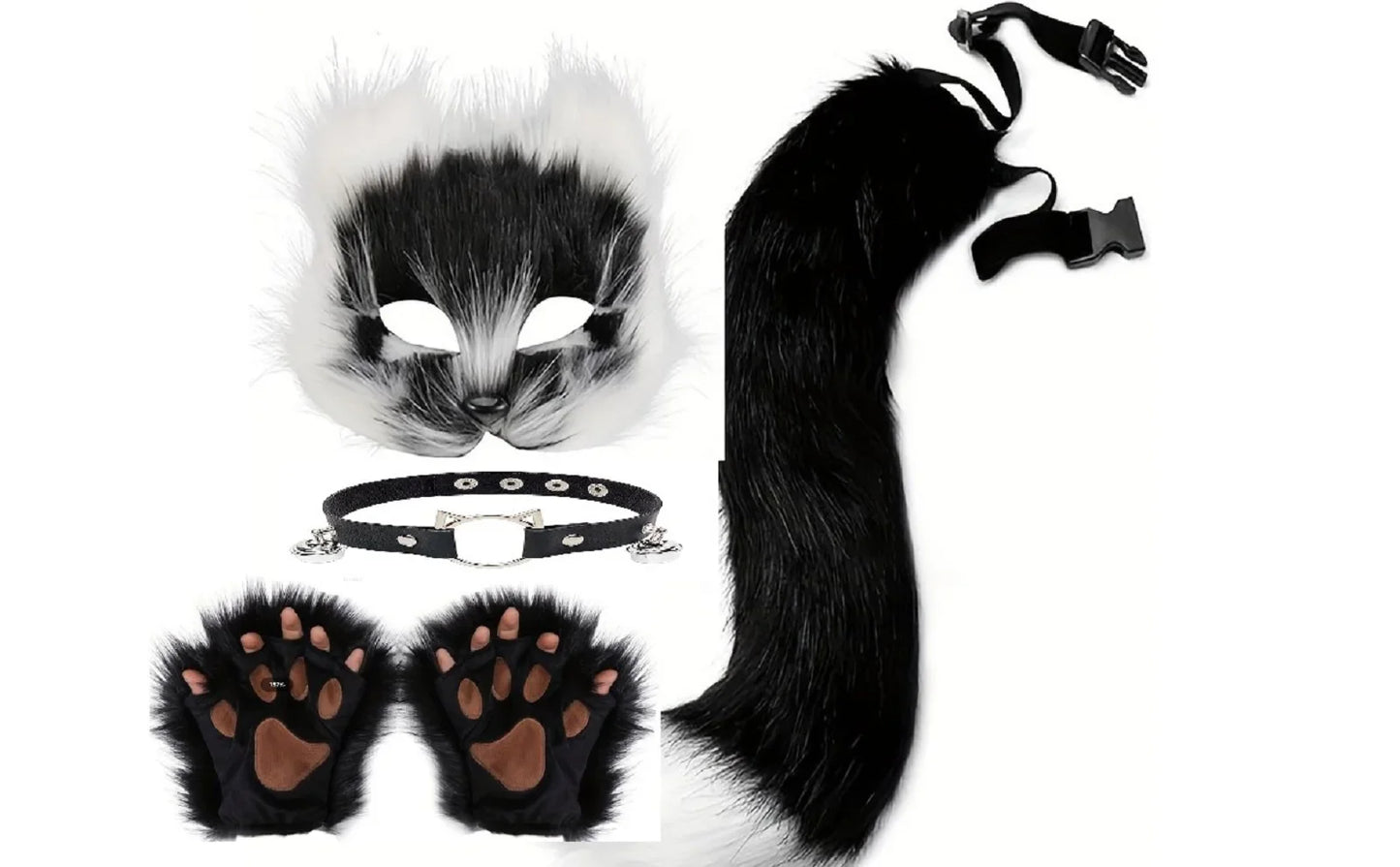 5pcs Fluffy Fur Fox Tail & Cat Paws Gloves Set — Wolf Mask Halloween Cosplay Costume Accessories for Theme Party Dress-Up