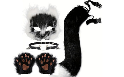 5pcs Fluffy Fur Fox Tail & Cat Paws Gloves Set — Wolf Mask Halloween Cosplay Costume Accessories for Theme Party Dress-Up