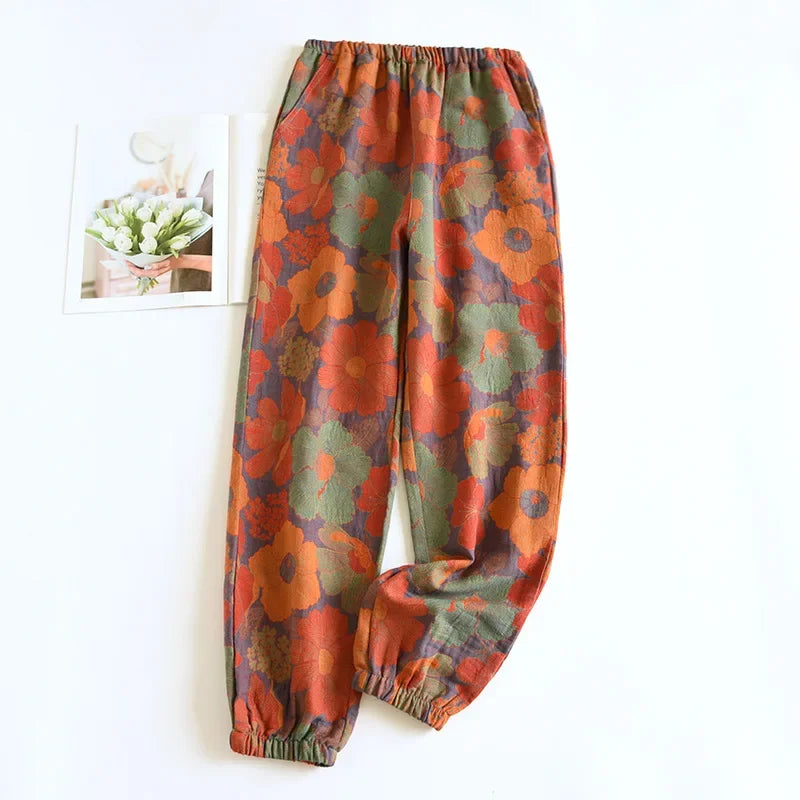 2025 Spring Summer Women's Pajama Pants – 100% Cotton Crepe Loose Fit Leaf Print Home Wear Bottoms