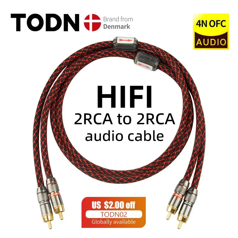 TODN 1 Pair RCA Audio Cable – 2 RCA to 2 RCA Interconnects, HIFI Stereo, Male to Male for Amplifier, DAC, TV, Car Audio