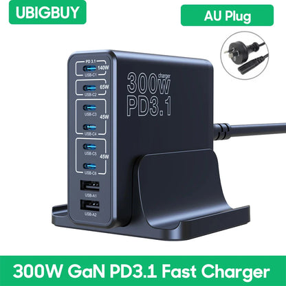 Ubigbuy 300W Multi-Port GaN Charger - USB-C 140W PD 3.1 & PPS 100W Charging Station for MacBook Pro M2, iPhone 15/14, Galaxy