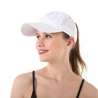 Summer Solid Color Baseball Cap – Quick-Drying Mesh Golf & Sports Hat for Women, Cross Ponytail Design, Men's Peaked Cap