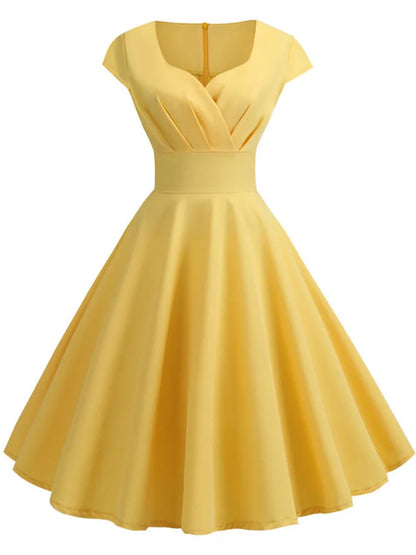 Women’s Pink Summer Dress – V-Neck Vintage Retro Midi Party & Office Dress