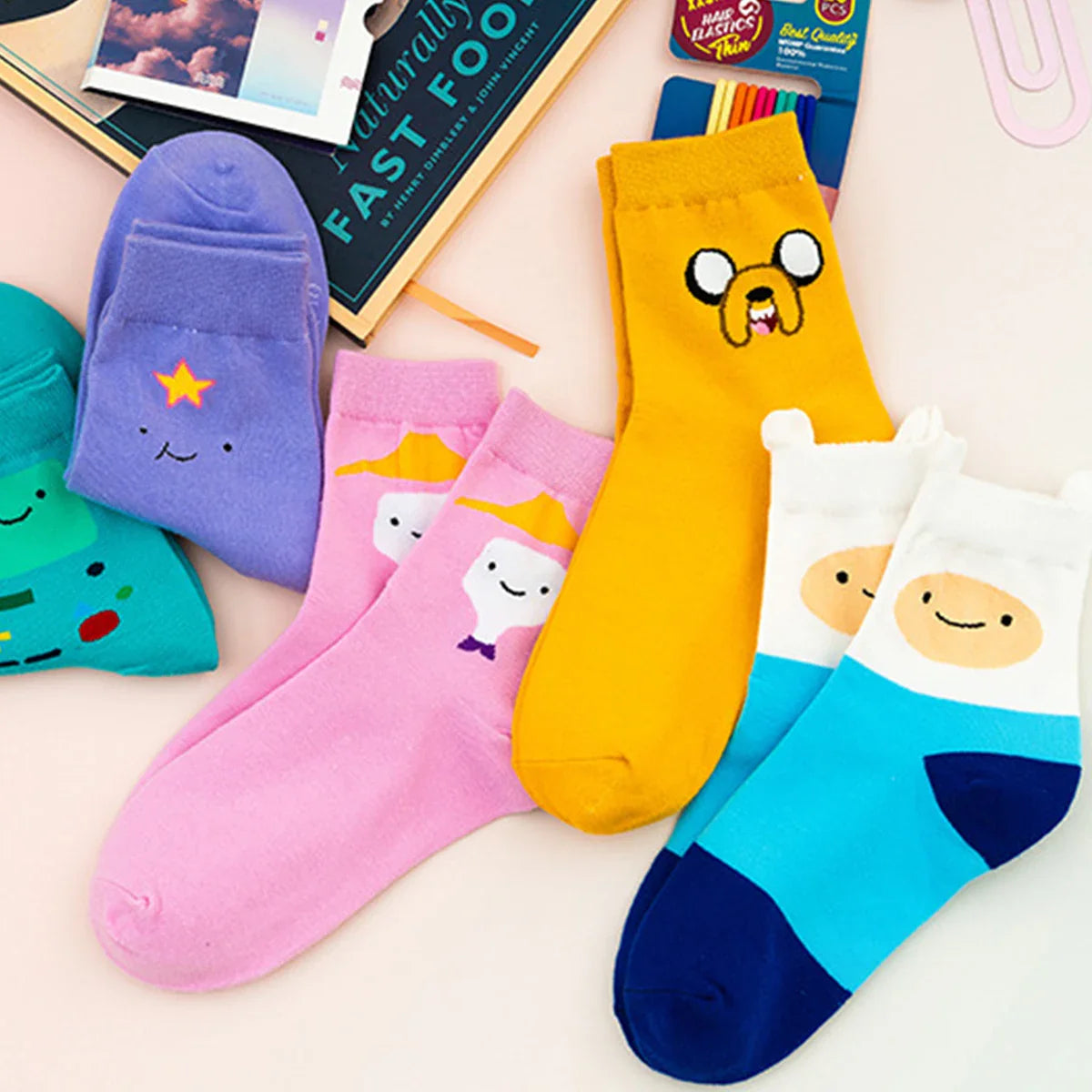 5 Pairs Cartoon Cute Women’s Socks – Fun Patterned Crew Socks, Colorful & Comfy for All Seasons
