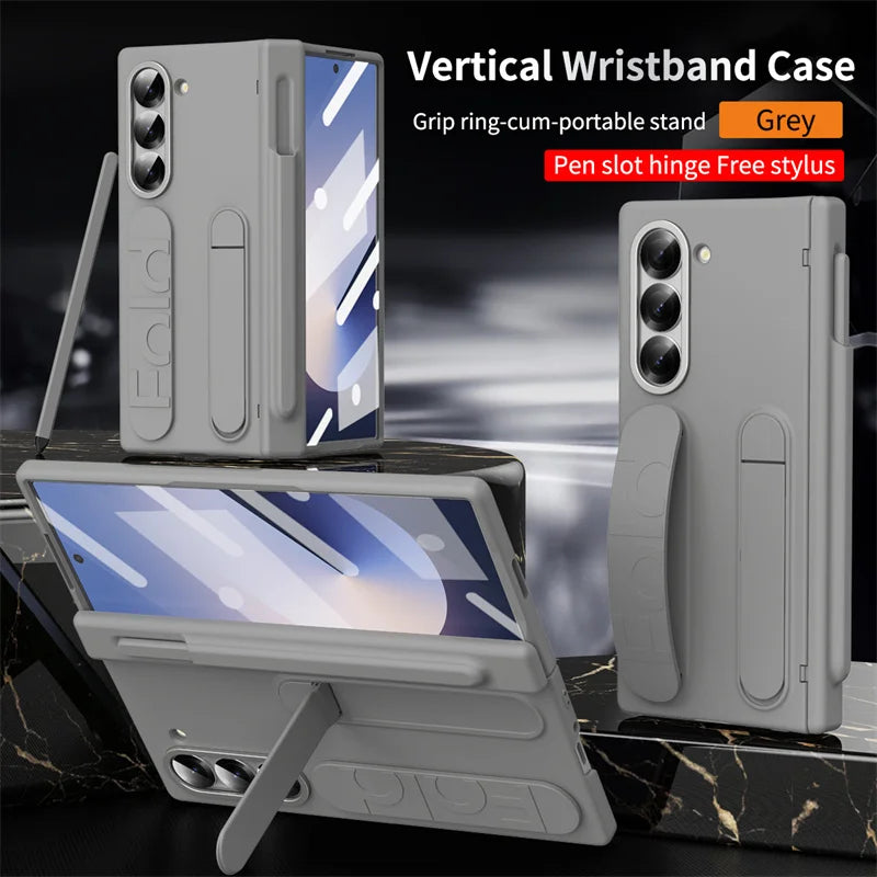 Wristband Hinge Phone Case for Samsung Galaxy Z Fold 3-7 – With Pen Slot & S Pen, Screen Protector Cover