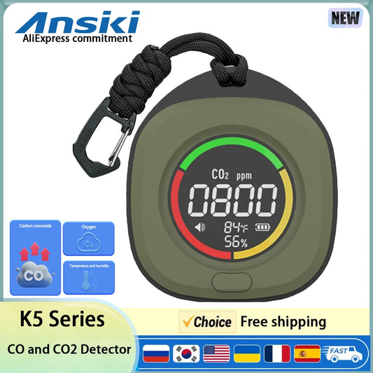 FMAi K5 Carbon Monoxide Detector - Portable Rechargeable CO & CO2 Monitor with LED Screen and Alarm Sound