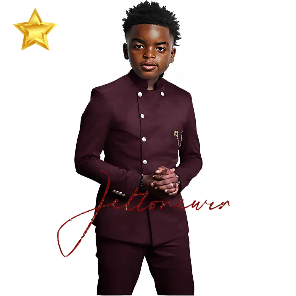 African Style Boys Suit - Stand Collar Blazer and Pants 2 Piece Casual Business Kids Formal Wear