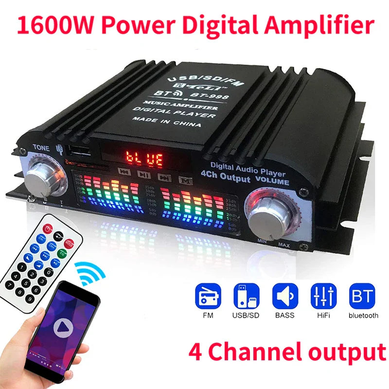 1600W Peak Power HiFi 4-Channel Digital Audio Amplifier – Bluetooth Karaoke Player with FM Radio & Remote Control