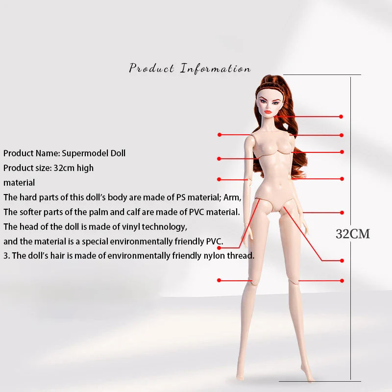 32cm European Supermodel Nude Doll – Original 1/6 Joint Figure with Multi-Color Skin and Exquisite Makeup, Full Series Collectible Toy
