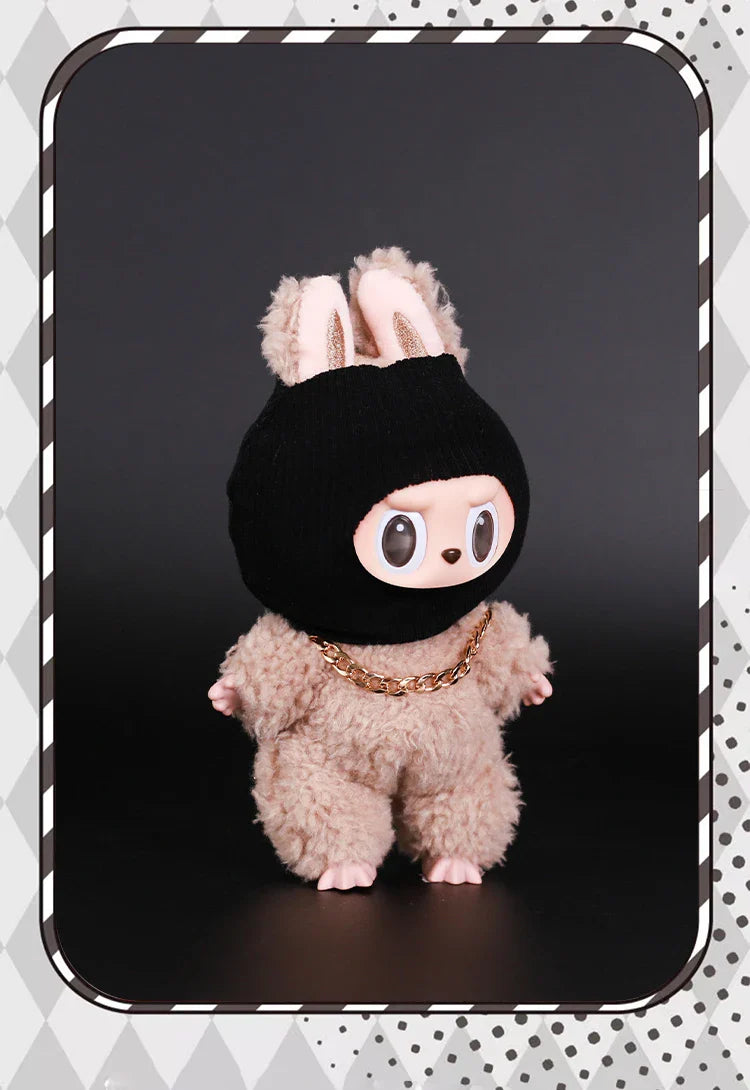 Labubu Doll Accessories – Trendy Black Knit Hat & Necklace Set, Cute and Funny Street Fashion Style