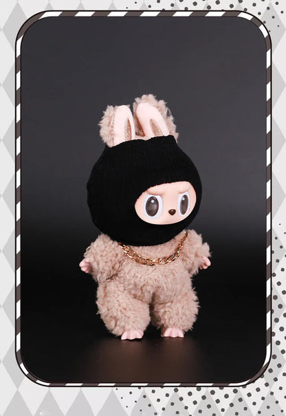 Labubu Doll Accessories – Trendy Black Knit Hat & Necklace Set, Cute and Funny Street Fashion Style