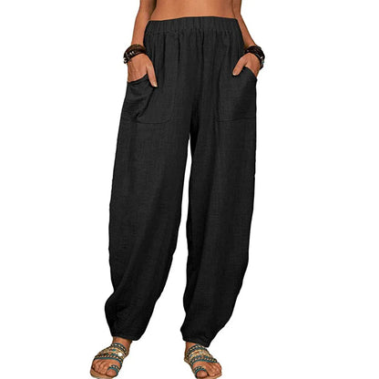 Women’s Casual Cotton Linen Harem Pants – Loose Fit Wide Leg Summer Lounge & Homewear Breathable Long Trousers LRFZ-922