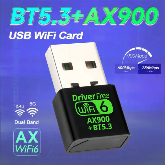 WiFi 6 AX900 Bluetooth 5.3 USB Adapter – Dual-Band 2.4G & 5GHz Wireless Network Card for PC/Laptop, Win10/11, Driver-Free