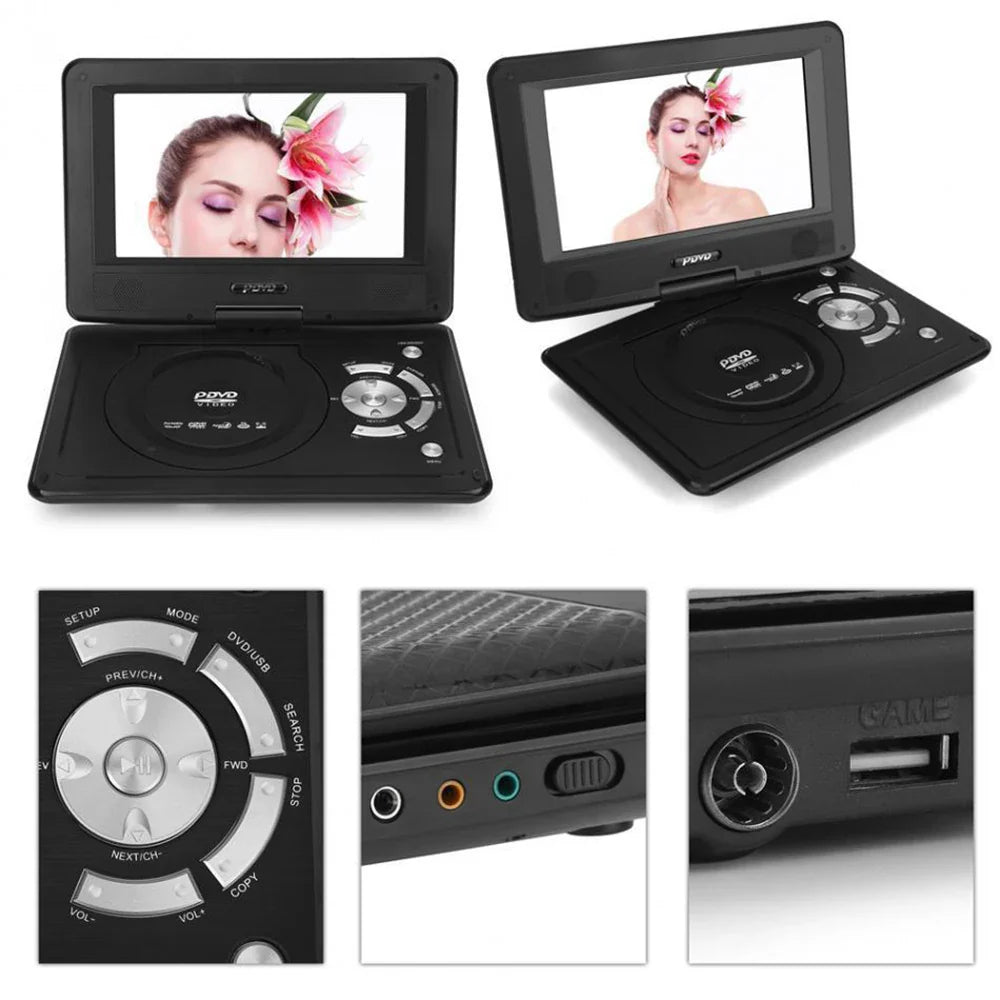 9" Portable HD TV DVD Player – 16:9 LCD Screen, 234x480 Resolution, CD/Game/TV/USB/Radio Compatible