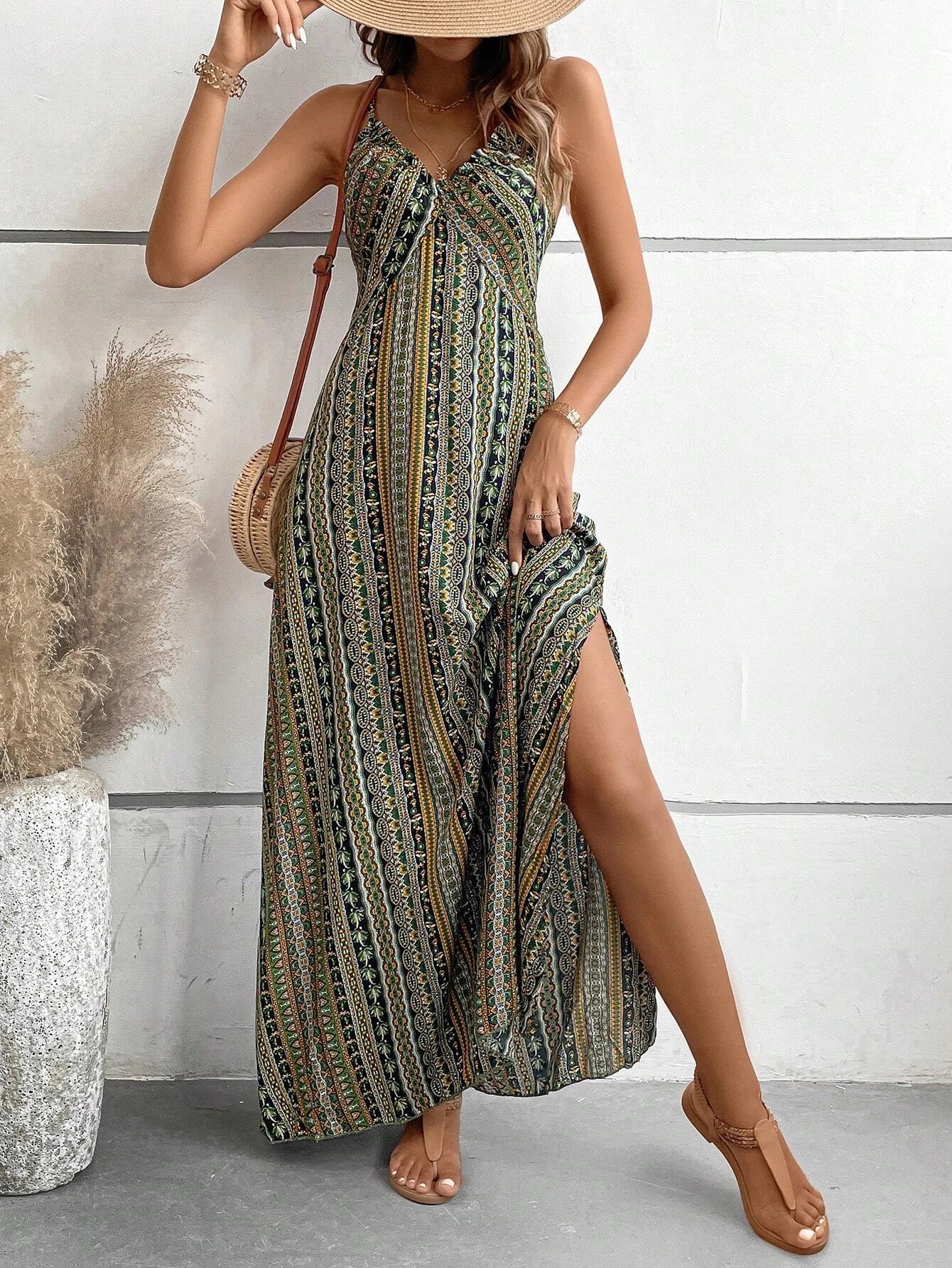 Women’s Boho Ethnic Print Maxi Dress – Backless Split Thigh Frill Trim Summer Beach Long Dress