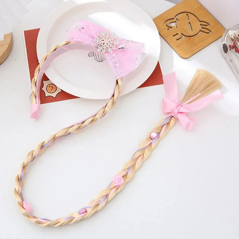 Girls Elsa Cosplay Headband - Snowflake Crown & Braid Hair Accessory, Princess Bow Hair Ornament