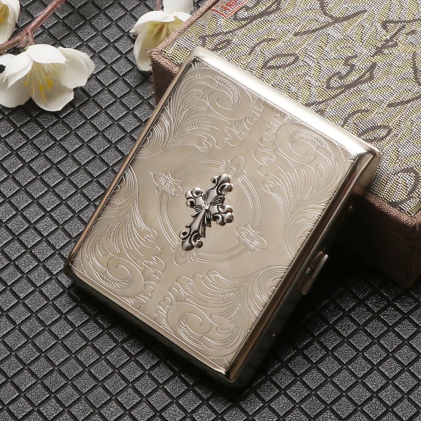 Metal Cigarette Case - 20-Stick Flip-Top Portable Embossed Engraved Holder for Men