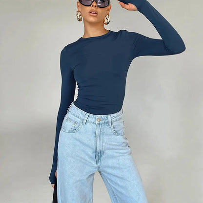 Women’s Long Sleeve Slim Fit Crop Top T-Shirt – Crew Neck Solid Color Thumb Hole Streetwear Summer Camisole Top