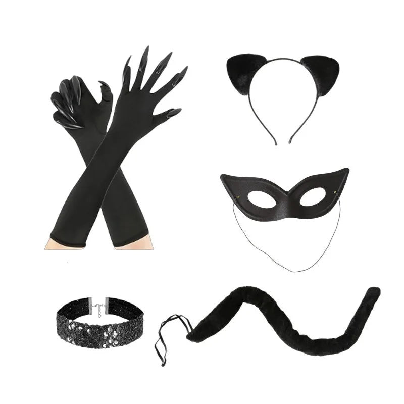 Cat Girl Halloween Cosplay Costume Set - Women's Cat Mask, Tail & Gloves for Carnival Parties