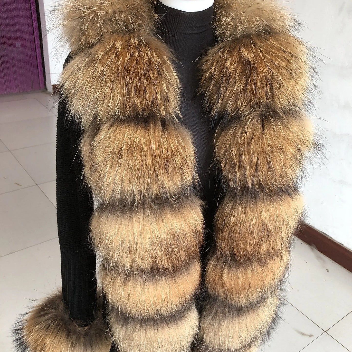 Women’s Spring & Autumn Sweater Cardigan – Real Fox Fur Collar Jacket, Natural Fur Outerwear