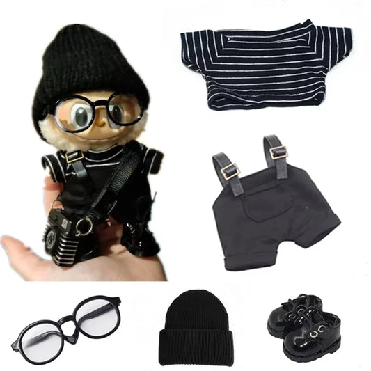 17cm Labubu V1/V2 Mini Doll Outfit – Striped Overalls, Hat, Glasses & Shoes Accessories Gift Set
