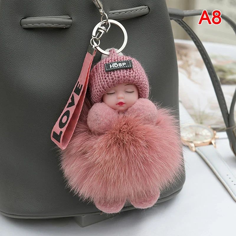 Pompom Sleeping Baby Keychain - Fluffy Plush Doll Keyring for Bags, Cars & Gift Decoration