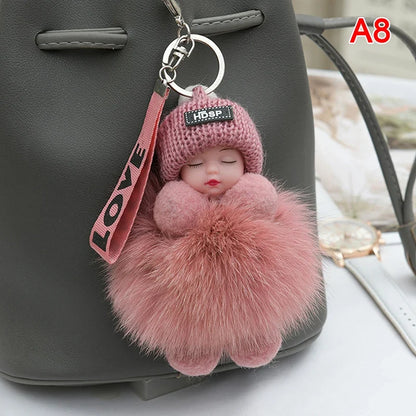 Pompom Sleeping Baby Keychain - Fluffy Plush Doll Keyring for Bags, Cars & Gift Decoration