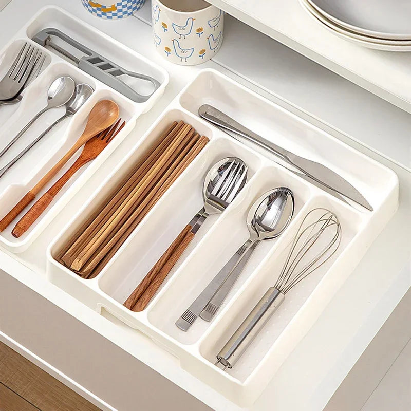 4/5 Compartments Cutlery Organizer Tray – Easy-Clean Drawer Divider for Spoon, Fork & Kitchen Utensils