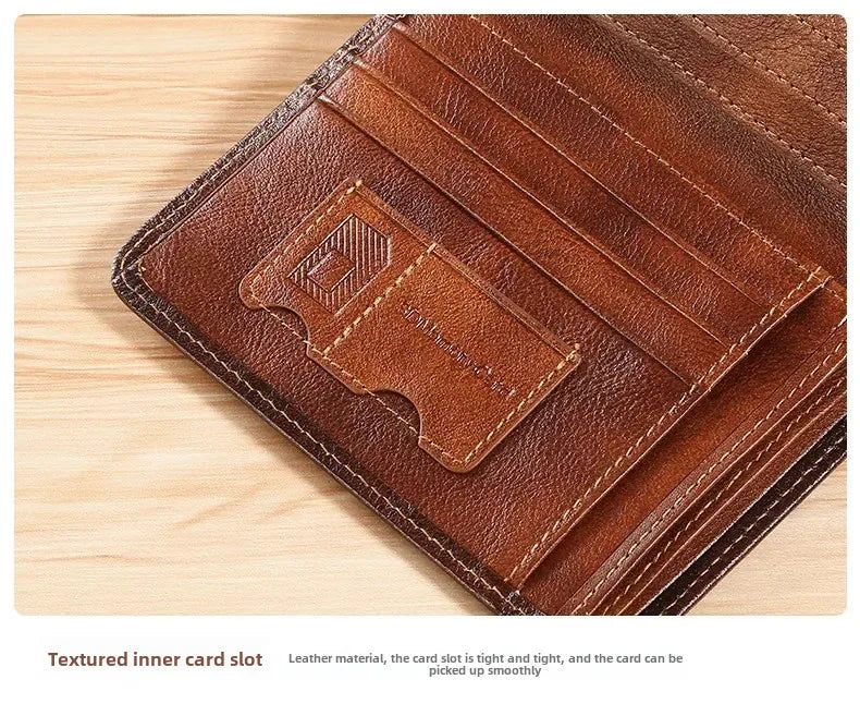 Genuine Leather Men’s Wallet – RFID Blocking Trifold, Vintage Thin ID & Credit Card Holder, Multi-Function Purse