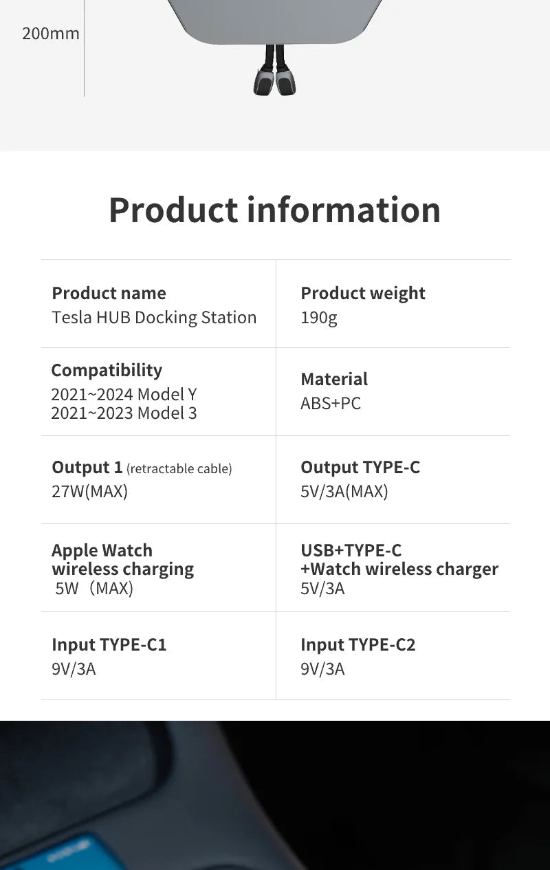 Tesla Model 3/Y USB Hub – 27W 3-in-1 Docking Station with Retractable Cable & Apple Watch Wireless Charging