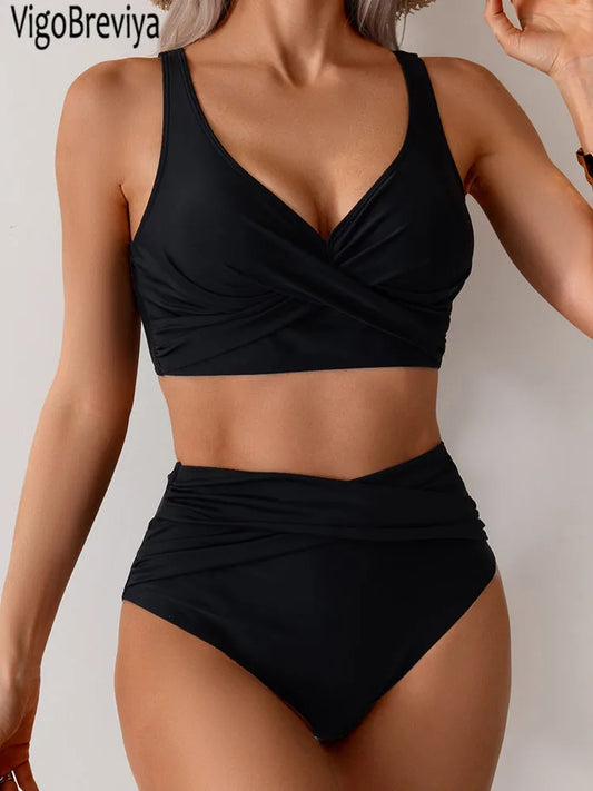 VigoBreviya 2025 Sexy Solid Strapped Bikini Set – Cross Push-Up, High Waist Brazilian Swimsuit for Women, Beach & Bath Wear