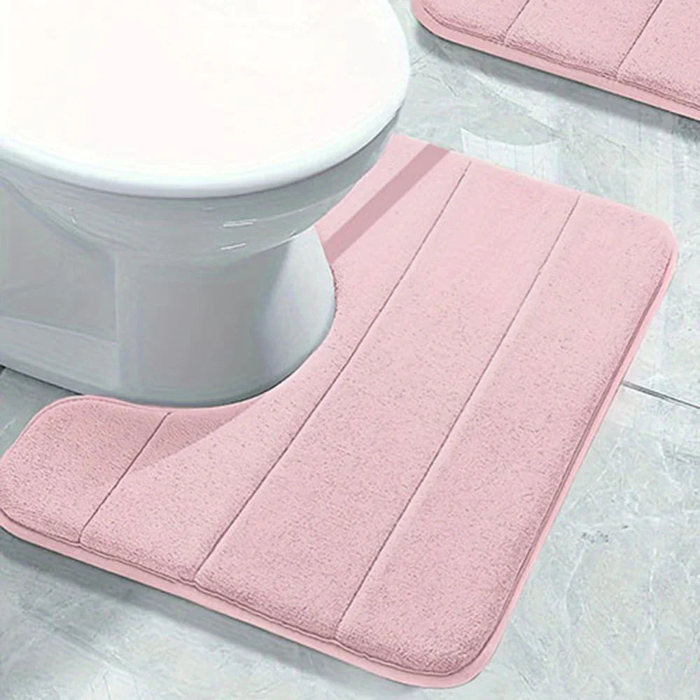 Pure Color Stripe Bathroom U-Mat Carpet - Soft Non-Slip, Quick-Dry Toilet & Shower Mat for Family Bathroom